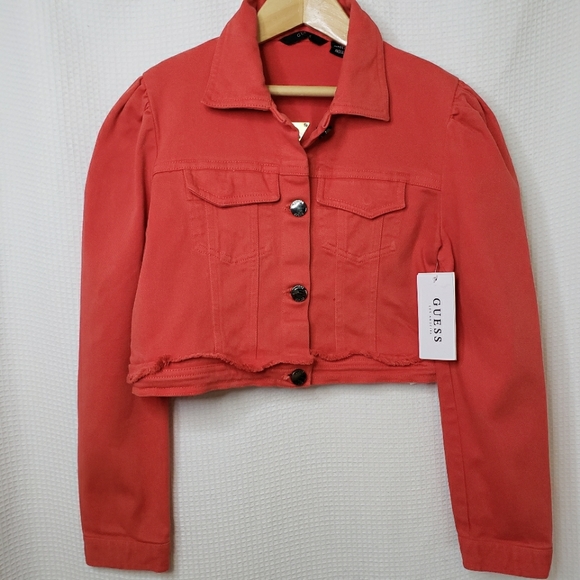 NWT Guess Girls 8-10 Red Orange Cropped Denim Jean Jacket - Picture 2 of 8